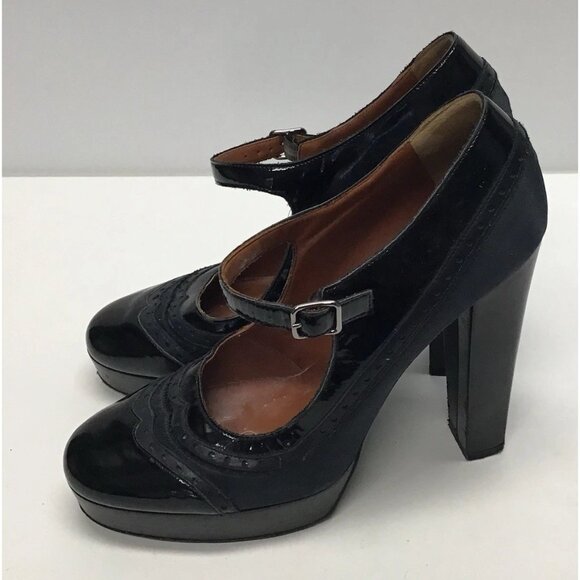 LANVIN Black Leather Mary Jane Pumps Heels Brogue Platform Women’s Size 41 US 10 - Picture 1 of 14